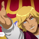 Prince Adam, wearing his trademark maroon vest, reaches to the sky and calls for the power of Grayskull.